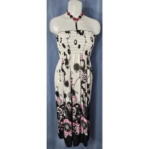 XL Strapless Smocked Midi Dress Pink Black Floral Halter Boho Vacay Beach Resort